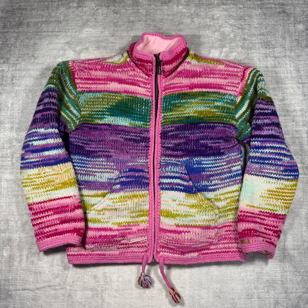 Alma Sweater Women Small Pink Wool Zip Up Vintage 90s Striped Fleece Lined Boho